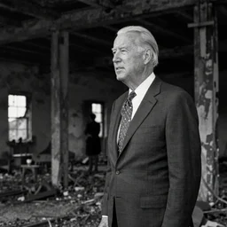 low quality black and white photo from 1 9 6 3 of joe biden in an dark abandoned building, he is watching from afar, cursed image