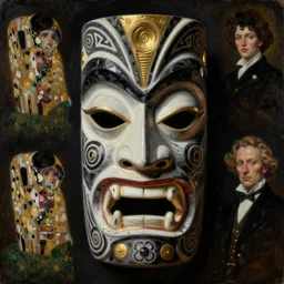 highly detailed oil painting | very intricate | cinematic lighting | black, white and gold color scheme, dark background | the tiki mask by alexander mcqueen | by roberto ferri, by gustav moreau, by singer sargent and klimt, american romanticism, occult art | by austin osman spare, artstation, cgsociety, official art, octane