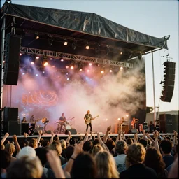 photograph led zeppelin performing in stage!! in the atacama desert by mark owen. kodak portra film!!. whirl bokeh!. mamiya 7. highly detailed. hq. photoreal. golden hour. in - frame