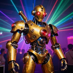 scene is la troya party in amnesia in ibiza, portrait photo of a giant huge golden and blue metal steampunk robot, with gears and tubes, eyes are glowing red lightbulbs, shiny crisp finish, 3 d render, 8 k, insaneley detailed, fluorescent colors, haluzinogetic, background is multicolored lasershow