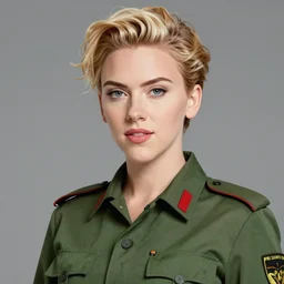 manga girl in a green military uniform, fine - face, scarlett johanson, realistic shaded perfect face, fine details. anime. realistic shaded lighting poster by ilya kuvshinov katsuhiro otomo ghost - in - the - shell, magali villeneuve, artgerm, jeremy lipkin and michael garmash and rob rey