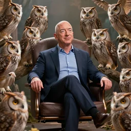 epic professional digital art of Jeff Bezos sitting in a chair, surrounded by owls, best on artstation, cgsociety, wlop, Behance, pixiv, astonishing, impressive, outstanding, epic, cinematic, stunning, gorgeous, much detail, much wow, masterpiece.