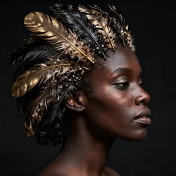 a black woman's face in profile, made of intricate feathers, in the style of the dutch masters and gregory crewdson, dark and moody
