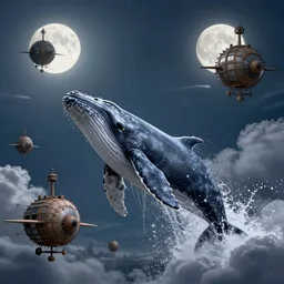 whales jumping over steampunk airships on a cloudy night lit by the full moons in the sky, by Didier Graffet, by Min Guen, by Giovani Magana, vivid colors, smokey cannons, flames