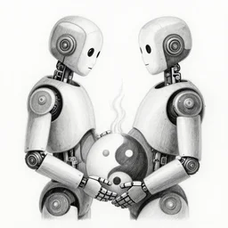 a drawing of a pregnant robot giving birth to emerging yin - yang daoist symbol emerging from womb, black and white detailed pencil drawing dao