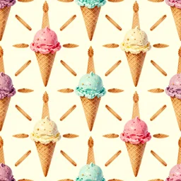 seamless pattern of ice cream cones, colourful, symmetrical, repeating