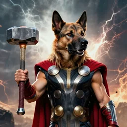 thor with canine head, holding a hammer, cinematic thunder background