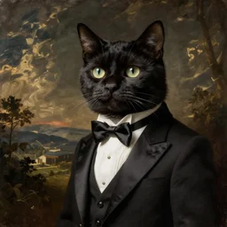 A Baroque painting of a stylish tuxedo cat