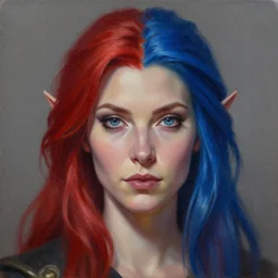 a detailed matte oil on canvas head on symmetrical portrait of a distinguished elven woman with red blue hair by charlie bowater, lise deharme, wlop, trending on artstationhd, dungeons and dragons art critical role, half and half hair dye,! split hair dye!,! two tone hair! dye, dye hair