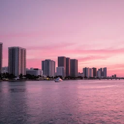 an autochrome photo of 1 9 8 0 s miami pink sunset off the quays, wide shot, outdoors, sunset photo at golden hour, yellow sails of windsurfers, wide - angle lens n 4