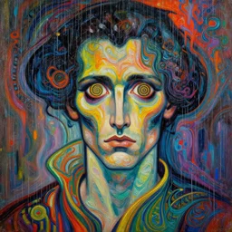 8 0 s art deco close up portait of a man with spiral eyes, rain like a dream oil painting curvalinear clothing cinematic dramatic cyberpunk textural fluid lines otherworldly vaporwave interesting dmt and lsd visuals wiith epic fantasy details and extreme bright colours, epic composition by basquiat zdzisław beksinski james jean artgerm rutkowski moebius francis bacon gustav klimt
