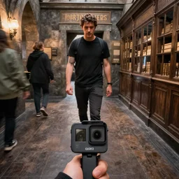 gopro pov of a man walking inside of the hogwarts