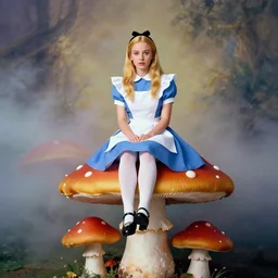 annie leibovitz photoshoot of ella purnell as alice from alice in wonderland, sitting on a giant mushroom, vibrant colors, atmospheric, mist, magical, fantasy, studio lighting, soft focus