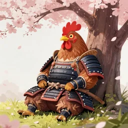 a humanoid chicken in samurai armor resting under a tree with sakura petals