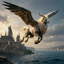 hippogriff flying over a sea with hogwarts in the background, dramatic volumetric lighting, epic composition, high detail, 4K Ultra HD