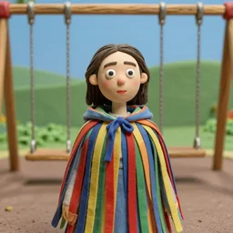 a closeup portrait of a woman wearing a cloak made of ribbons, staring at an empty swing playground, claymation, canon eos c 3 0 0, ƒ 1. 8, 3 5 mm, 8 k, medium - format print
