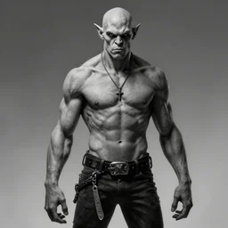 skinny moria orc, portrait, by mike mignola, greyscale,