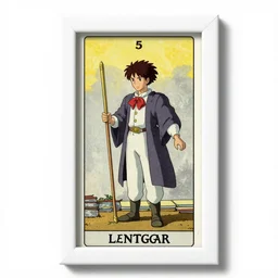 the magician tarot card as drawn by studio ghibli, whole card, white frame, concept art, zoom out