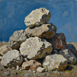 a painting of a pile of rocks on a blue background, an ultrafine detailed painting by julian schnabel, polycount, arte povera, academic art, oil on canvas, artwork