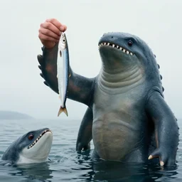 photograph of steve zissou holding out a sardine for the loch ness monster - n 9