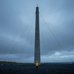 a concrete tower on a icelandic beach, a lot of cables connecting the top of the tower, a small character wearing a yellow hoodie standing in the front, cloudy day, blue hour, by filip hodas, by simon stalenhag, cinematic, dramatic light concept art, matte painting, trending on artstation, dystopia