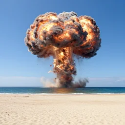 sunny day at the beach blue sky big bomb explosion on the horizon photorealistic