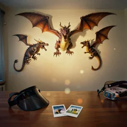 3 d dragons popping out of curved wall, volumetric lighting, bedroom, visor, users, pair of keycards on table, bokeh, creterion collection, shot on 7 0 mm, instax