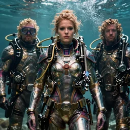 detailed ultrarealistic photography front medium shot of waterworld, postapocalyptic, scifi cyberpunk scubadiver, battlemage girl, leyendecker, norman rockwell, greg rutkowski, artstation cinematic, vray game of thrones, lord of the rings