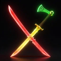a glowing red broadsword clashing with a yellow longsword, with a glowing green flail hanging behind them, with a black background, octane render