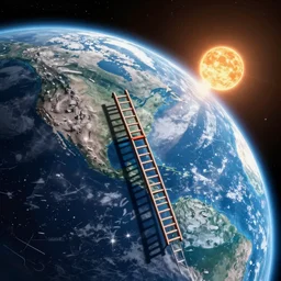a ladder stretching from Earth to the sun, viewed from space, cinematic lighting, 8k, science fiction