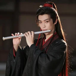 a chinese warrior in black robes with red elements playing flute, beautiful composition, by ruan jia and wlop
