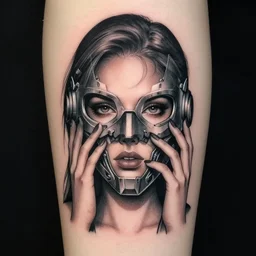 tattoo of woman taking off mech mask from her face, concept art