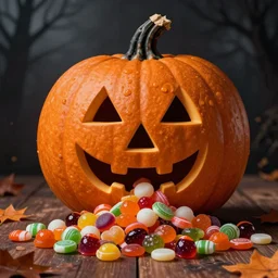 jack o'lantern eating a pile of halloween candy