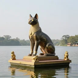 floating temple in the middle of a large lake dedicated to the worship of sphynx cat