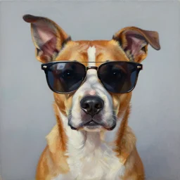 cool dog wearing sunglasses by  MICHAEL DIVINE and by AMANDA SAGE in the style of oil painting visionary art,  oil painting artwork. , trending on artstation, very coherent symmetrical artwork, oil painting