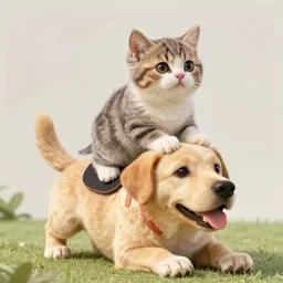 tiny cat riding a labrador, cat on top of dog, concept art, artstation, trending on Instagram, Twitter, octane