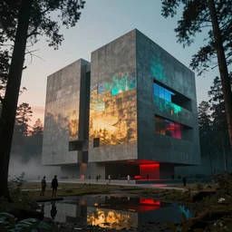 a matte painting of a huge futuristic concrete building in the woods, puddle of water, by Le Courbusier, by Jose Daniel Cabrera Pena and Leonid Kozienko, concept art by Tooth Wu ,octane render, cinematic, epic lights, sunset, foggy, hyper realism, octane render, 8k, iridescent accents. vibrant, teal and gold blue red dark noir colour scheme, red and orange glow,