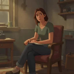 a painting of a woman sitting in a room, a screenshot by senior environment artist, cgsociety, environmental art, 2 d game art, unreal engine 5, reimagined by industrial light and magic