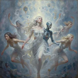 fantasy, portrait oil painting, perfect expression, subconscious connects, purified consciousness, beautiful whirlwind, souls rushing, neurochip, android cyborg, cyberpunk gothic, artifacts, intricate, elegant, luminous skies, loish, d & d, ruan jia, mandy jurgens, william - adolphe bouguerea, michael cheval, peter mohrbacher, jessica rossier, oil