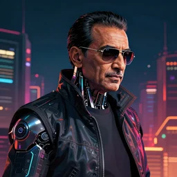cyberpunk salman rushdie as the leader of a futuristic communist nation, cybernetics, sharp lines, digital, artstation, colored in