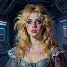 a baroque painting of a gorgeous young woman in dead space, with wild blonde hair and haunted eyes, 1 9 7 0 s, space station, neon light showing injuries, delicate ex embellishments, painterly, offset printing technique
