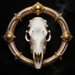 photo of wolf skull on bones, dramatic lighting, circural, golden ornaments, symmetric, intricate skeletal decorations, symmetry, highly detailed, concept art, black, glimpse of red, white, gold layers, centered, style of nekroxiii, hyperrealistic, black background, smoke