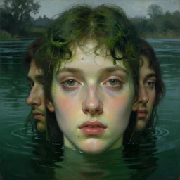 hyperrealist portrait in a river, close up face, dark green water, algae hair, by alphonse mucha and lucian freud and bouguereau, fog twilight lighting, very detailed faces