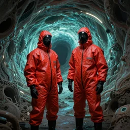 two scientists wearing red rick owens hazmat suits in a glowing wormhole tunnel by frank frazetta