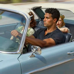 black haired man driving a 1 9 6 0 s ford mercury, woman on the passenger seat, top down, highly detailed, digital painting, artstation, concept art, smooth, sharp focus, illustration, art by artgerm and greg rutkowski and alphonse mucha