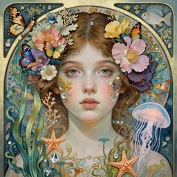 hyperrealistic detailed portrait of a young girl with a glass face, with flowers, butterflies, corals, sea kelp, sea plants, fish, starfish, jellyfish, diamonds, filaments, golden filigree, neon lights, art by ernst haeckel, john william godward, hammershøi, alphons mucha, pontormo, ornamental, decorative, art nouveau wallpaper, lights by hopper, pastel deep colours,