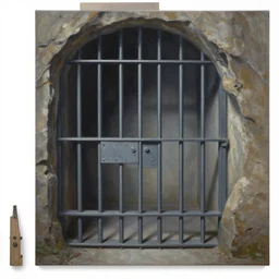 full length painting of prison cell inside a cave, prison bars, highly detailed, high resolution, oil in canvas