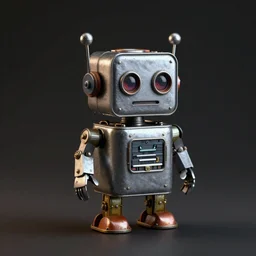 a cute little tin can robot made from scrap metal, hyper realistic, cinematic, octane render, black shadowy background