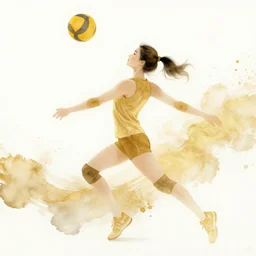beautiful serene volleyball player, healing through motion, life, minimalistic golden and ink airbrush painting on white background, smooth, pristine