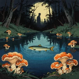kobe fish, by gediminas pranckevicius, by hasui kawase, by james gilleard, dark shadows, woodblock, split - complementary - colors, tremella - mesenterica, mycena acicula, poster, polished, in a beautiful pond